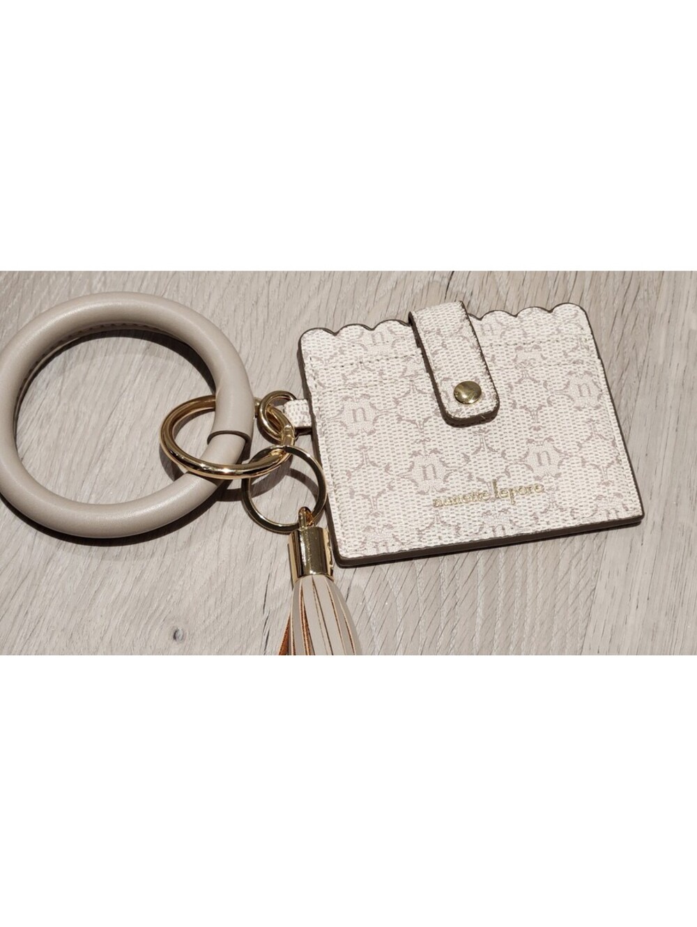 Nanette Lepore Beige Monogram Card Holder Keychain with Tassel Ring - Picture 3 of 5